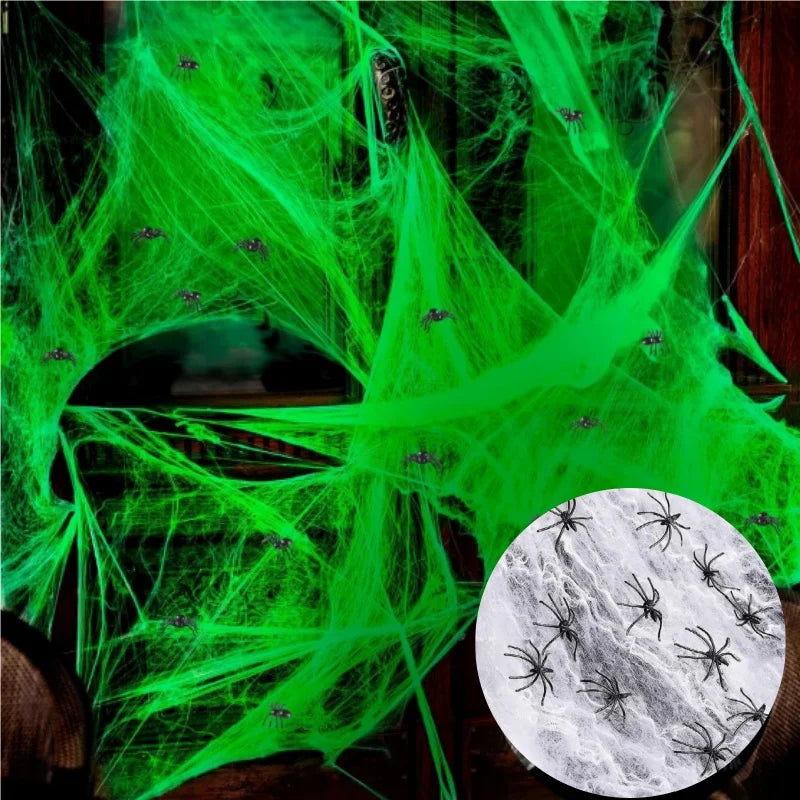 Glow in the Dark Spider Web Halloween Decoration + Fake Spiders Halloween Decoration Set Babs