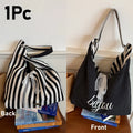 Double-Sided Women's Tote Bag – Striped Lace Bow Shoulder Bag Women's Tote Bag Babs 1Pc-Black