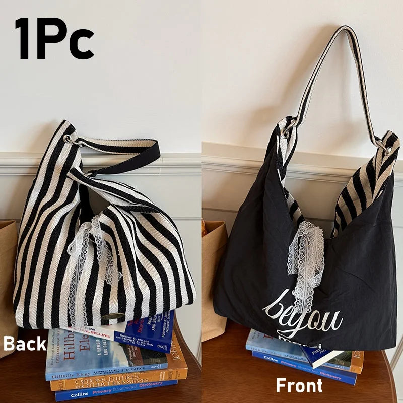 Double-Sided Women's Tote Bag – Striped Lace Bow Shoulder Bag Women's Tote Bag Babs 1Pc-Black