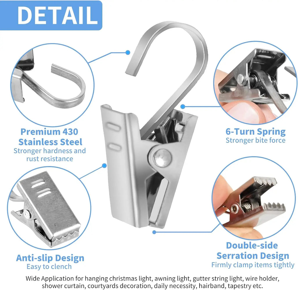 Stainless Steel Curtain Clips with Hooks – Home & Photo Décor Curtain Clips & Hooks Babs