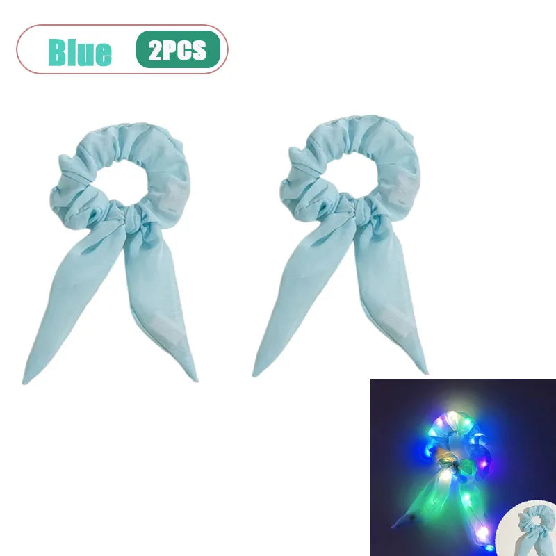 LED Light-Up Bow Scrunchie Glowing Hair Tie | Party Festival LED Hair Accessory Babs Blue-2pcs