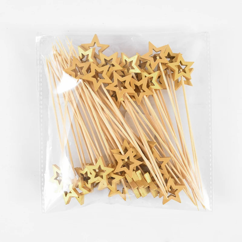 50Pcs Star Bamboo Cocktail Picks – Party Fruit Skewers Disposable Bamboo Picks Babs Gold