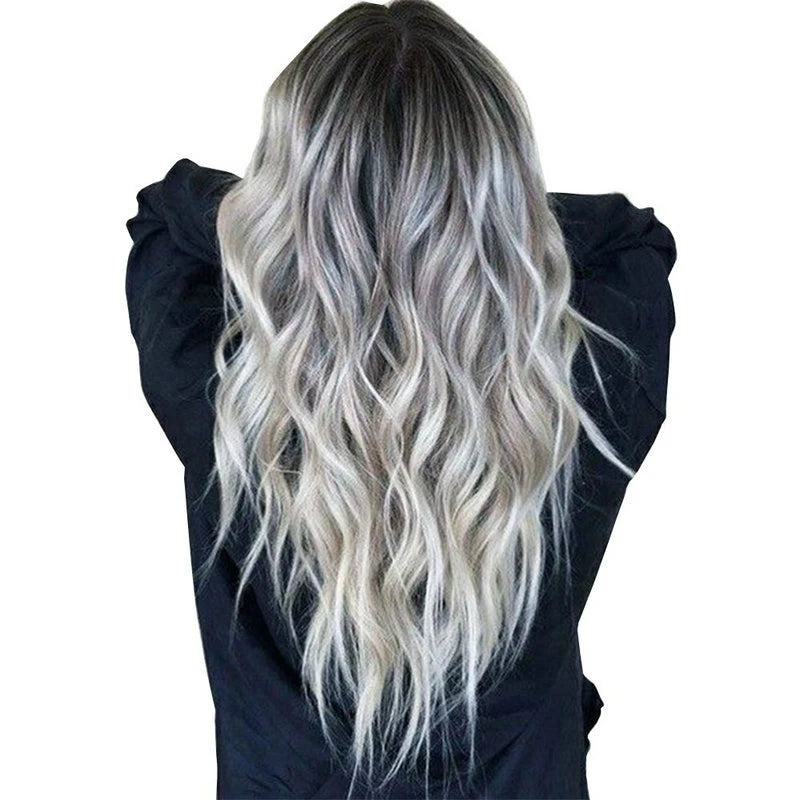 Gray Gradient Long Curly Wave Wig – High Temp Synthetic Synthetic Curly Wig Babs White gray