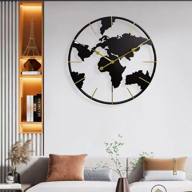 Modern Silent World Map Wall Clock – 60CM Metal Mural Wall Clock Babs