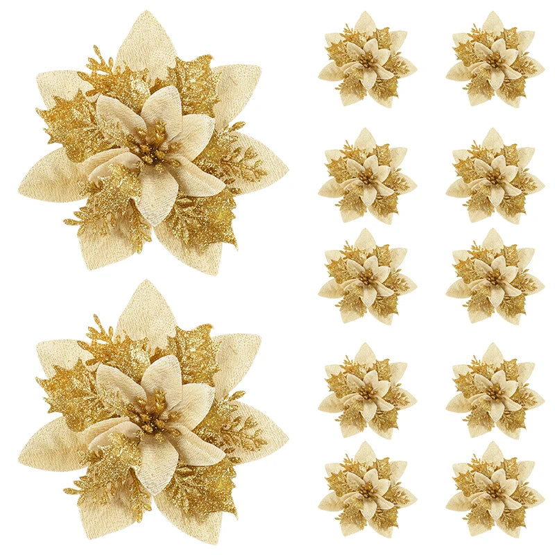 Glitter Pink Artificial Christmas Flower Ornaments 14cm 5/10 Pcs Christmas Ornaments Babs Gold 10Pcs