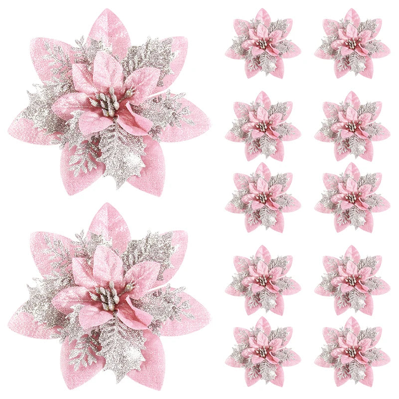 Glitter Pink Artificial Christmas Flower Ornaments 14cm 5/10 Pcs Christmas Ornaments Babs Pink 10Pcs