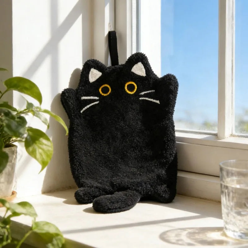Cute Black Cat Hanging Hand Towel – Soft Coral Fleece, 30x19cm Hand Towel Babs