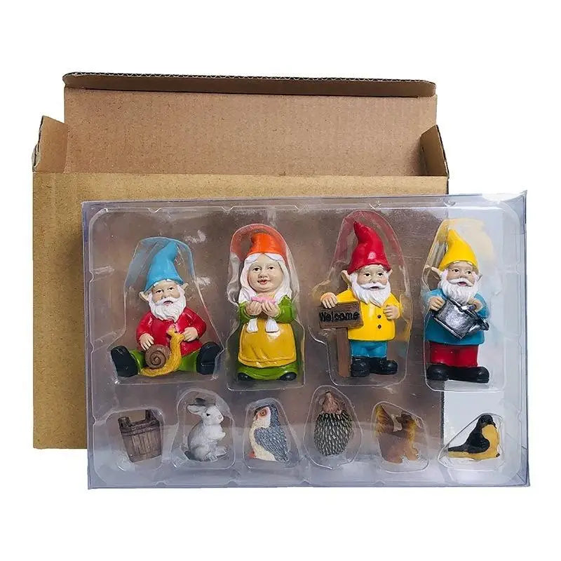 10pc Mini Resin Gnome & Dwarf Animal Garden Figurines Set Garden Figurine Set Babs