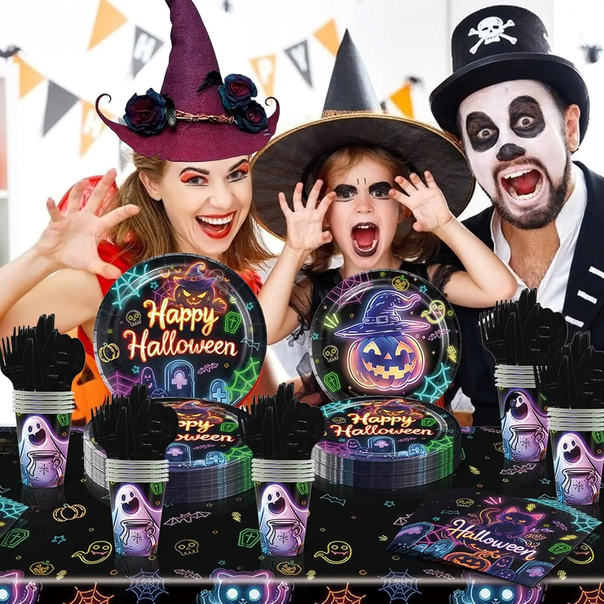 Fluorescent Halloween Party Tableware Set – Plates, Napkins & Tablecloth Disposable Party Tableware Babs