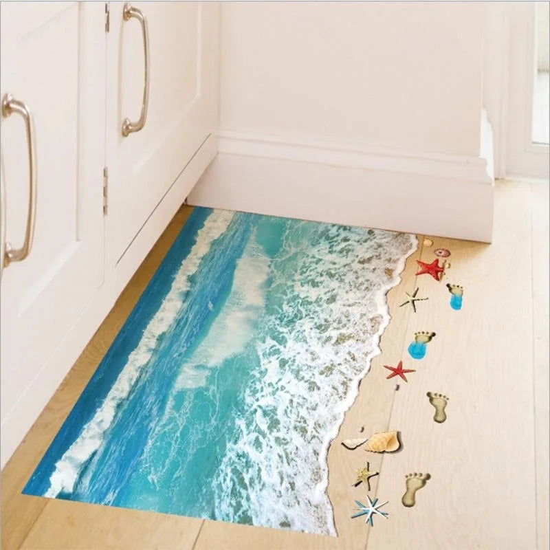 3D Wave Beach Floor Sticker Sky Blue – Waterproof PVC 50×70cm Floor Decal Sticker Babs