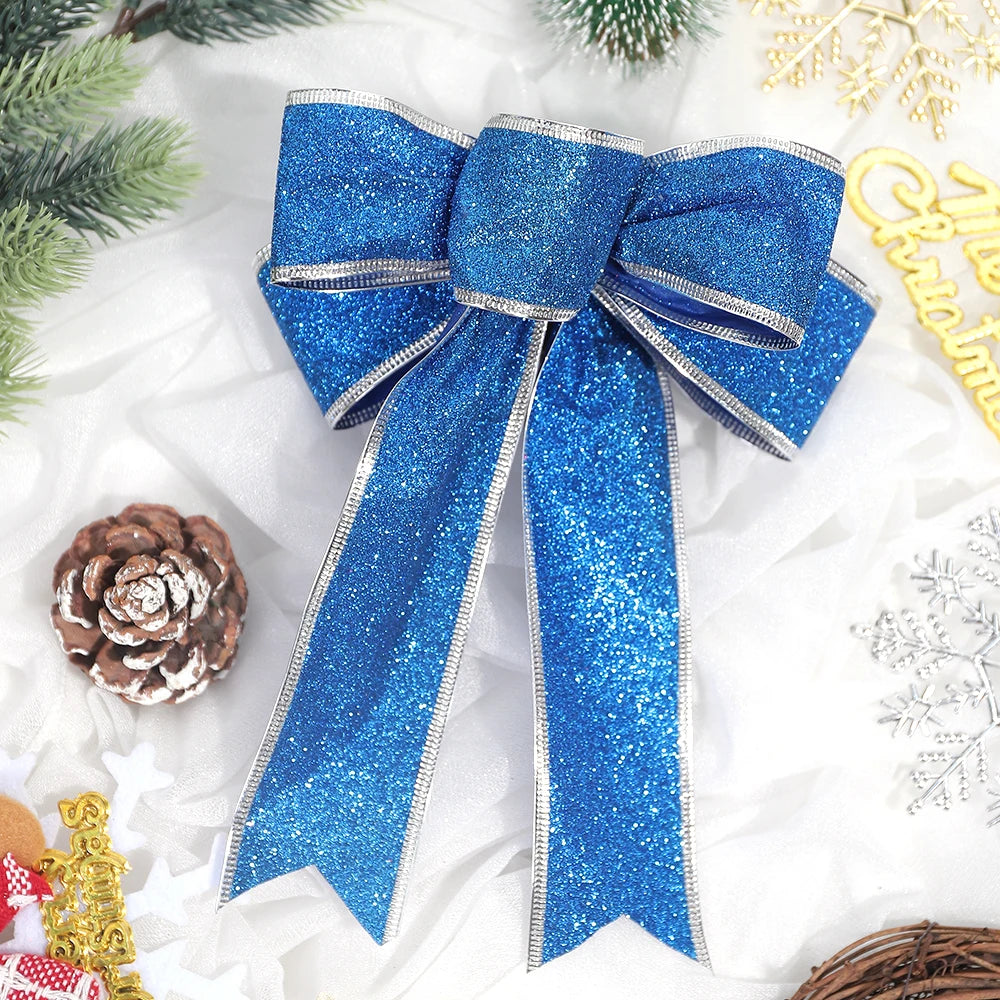 2Pcs 22cm Sparkling Christmas Bow Tree Hanging Ornaments Christmas Bow Ornaments Babs Blue 2Pcs