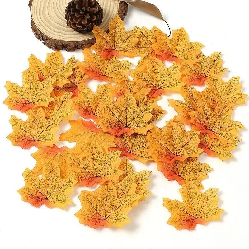 Artificial Silk Maple Leaves 50/100Pcs – Fall Party Decor Artificial Fall Leaves Babs Dark Yellow 50Pcs