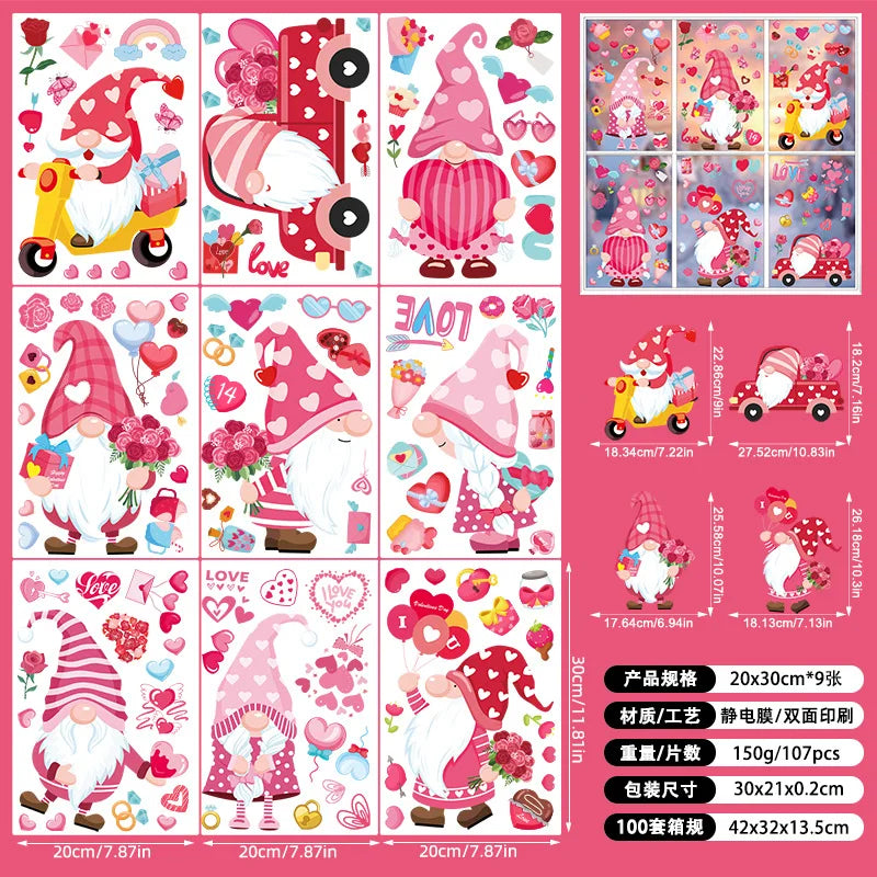 9-Sheet Valentine's Gnome & Heart Window Stickers Decals Window Stickers Babs