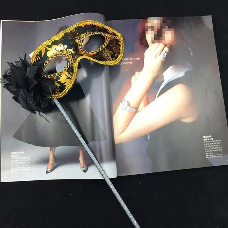 Handheld Feather Masquerade Mask on Stick – 10 Pack for Women Masquerade Mask Babs black1