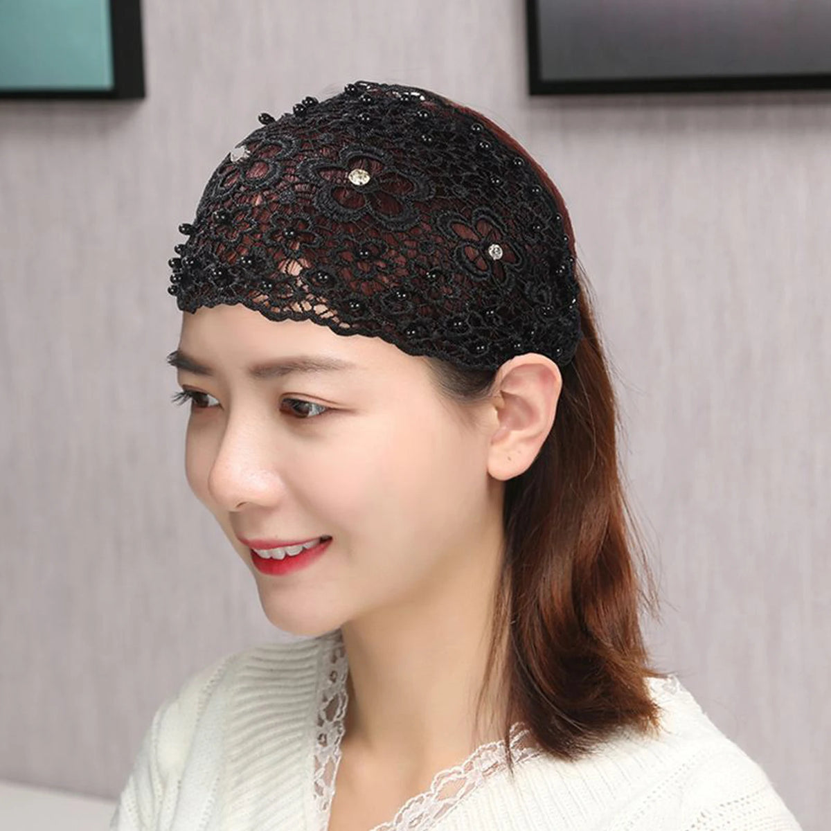 Women's Wide Hollow Headband – Rhinestone & Pearl Flower Women's Hair Headband Babs