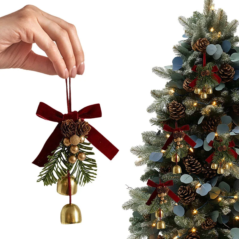 Christmas Jingle Bell Hanger – Velvet Bow & Pine Cone Décor Christmas Door Hanger Babs