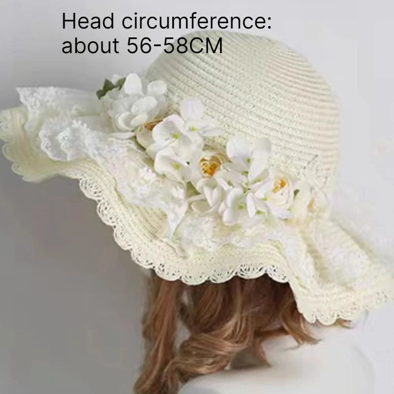 Lolita Straw Sun Hat Lace Ruffle Hydrangea Floral Beach Visor Straw Sun Hat Babs