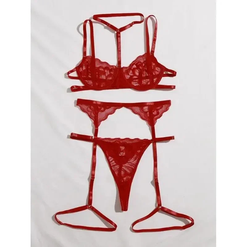 Women's Floral Lace 3-Piece Lingerie Set – Mesh Bra & Thong Lace Lingerie Set Babs