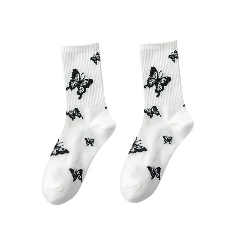 Butterfly Print Mid-Calf Crew Socks Women – Cotton Blend Women's Crew Socks Babs White-Full-1Pair One Size