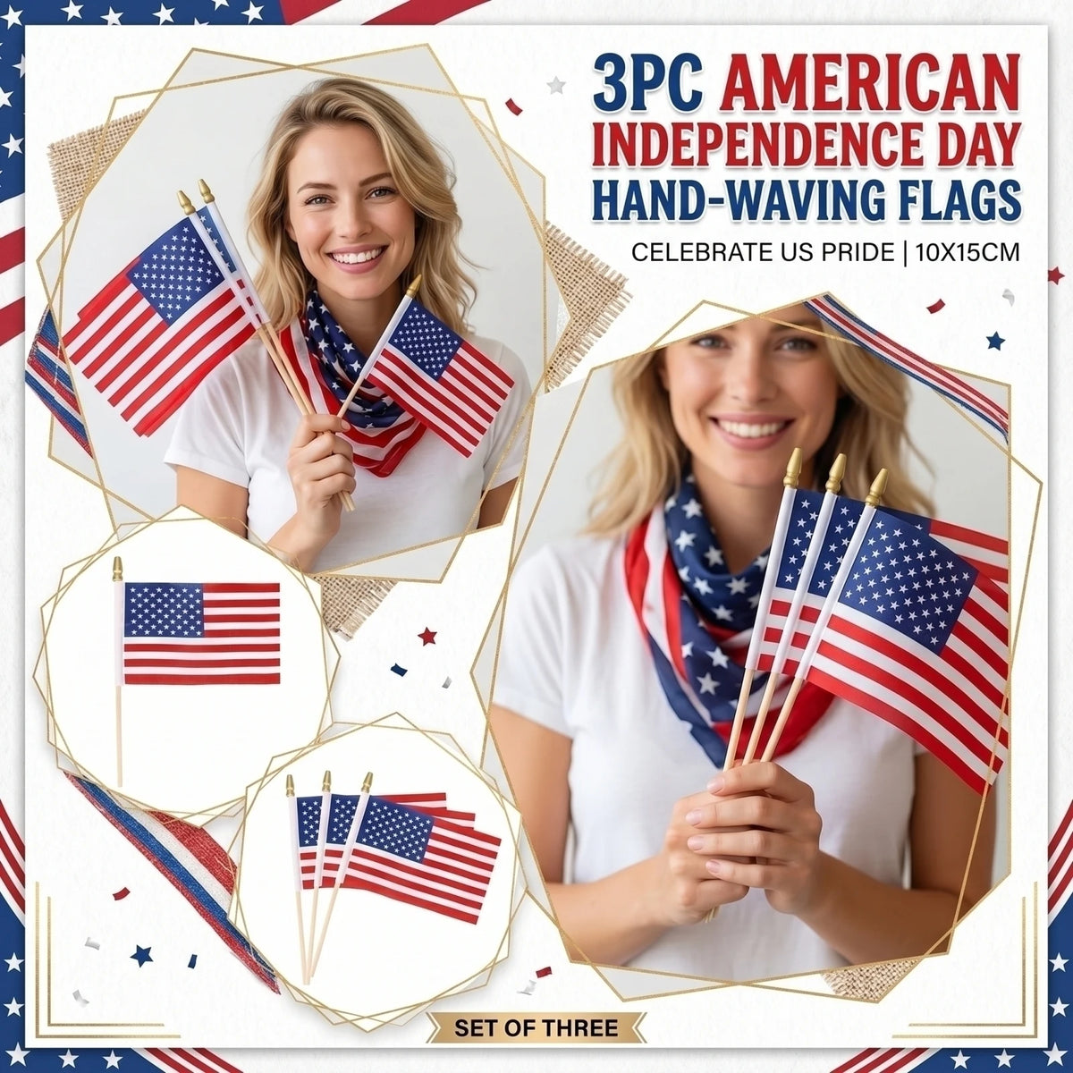 3-Pack Mini American Flags with Poles – 4th of July Decor Mini Hand-Waving Flags Babs