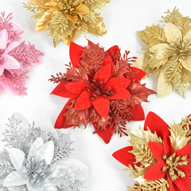 Glitter Artificial Christmas Rose Flowers | Xmas Tree Ornaments Christmas Flower Ornaments Babs