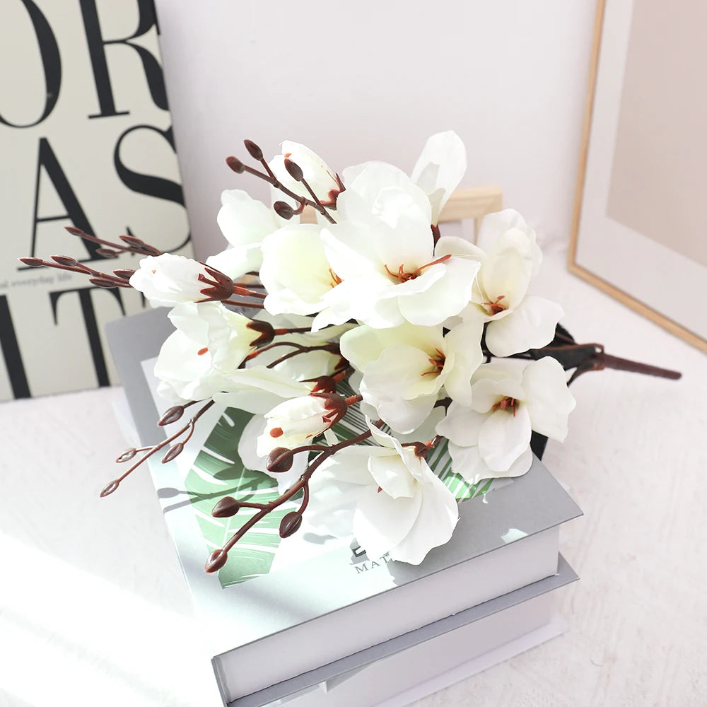 Artificial Magnolia Bouquet – 20 Heads Silk Flowers for Home Artificial Flower Bouquet Babs White