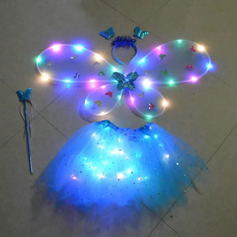 Girls Fairy Angel Glowing Butterfly Wings & Wand Costume Set Kids Costume Set Babs
