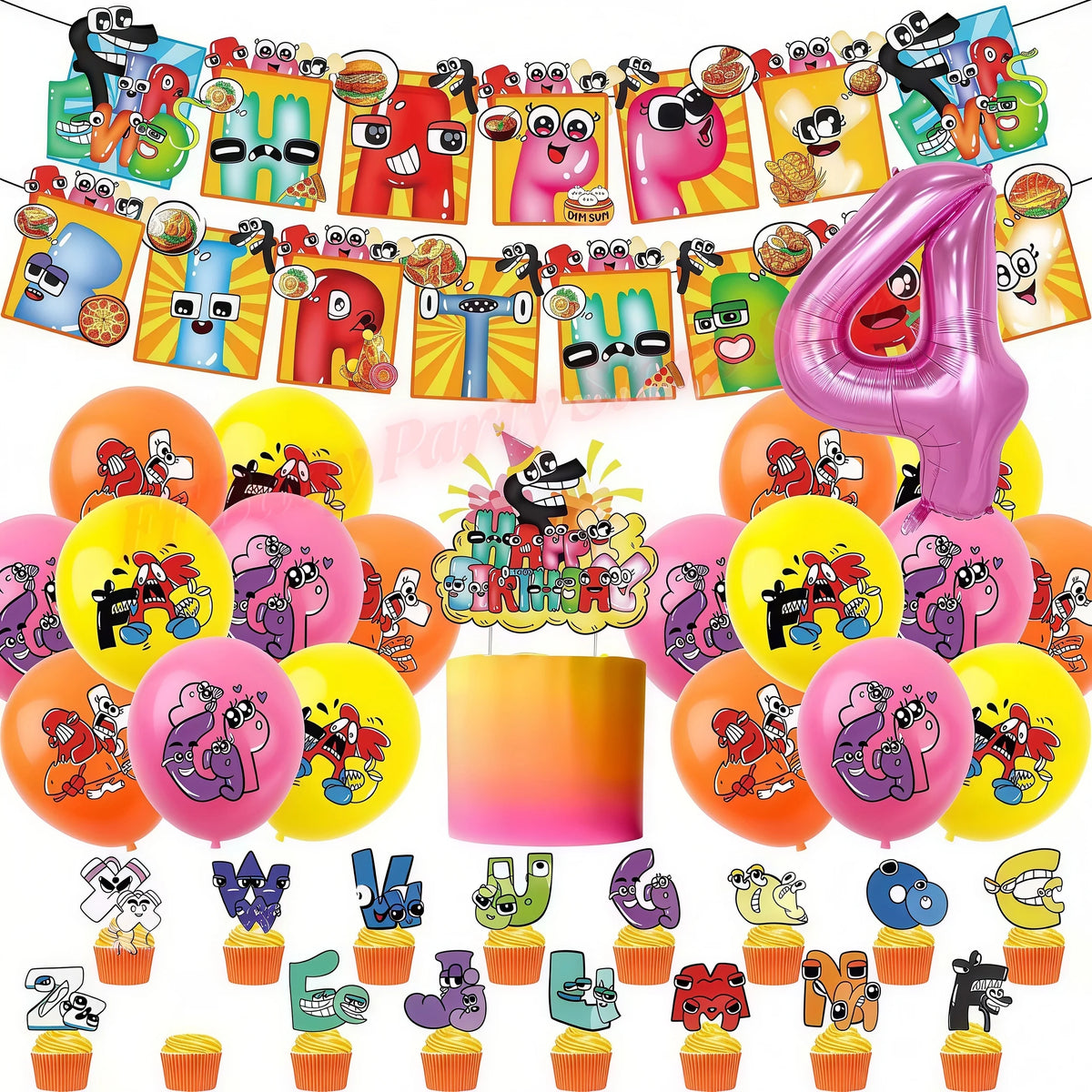 Alphabet Lore Birthday Party Supplies – Balloons & Backdrop Set Party Decoration Set Babs 1set-Number 4 12inch