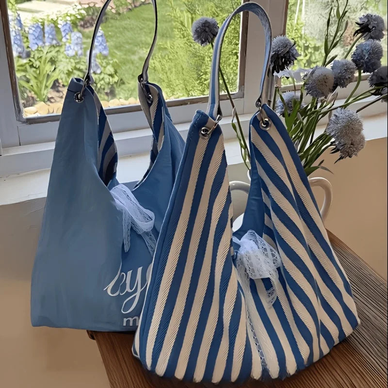 Double-Sided Women's Tote Bag – Striped Lace Bow Shoulder Bag Women's Tote Bag Babs