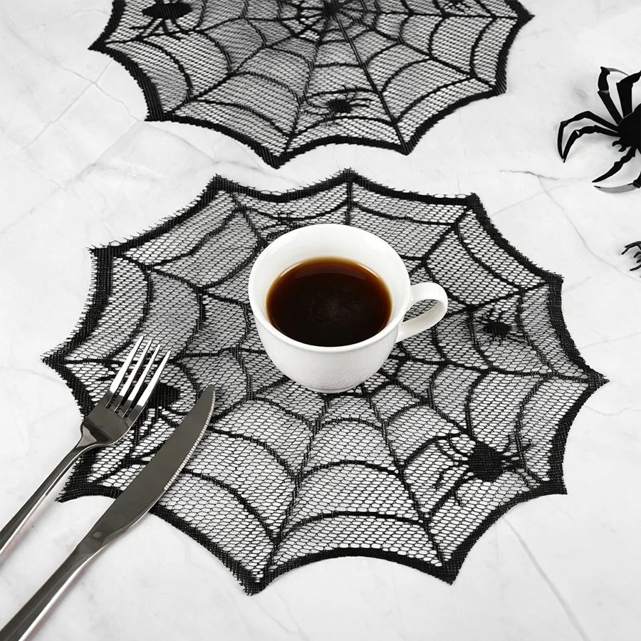 4pcs Halloween Spider Web Black Lace Placemats | Table Decor Halloween Placemats Babs