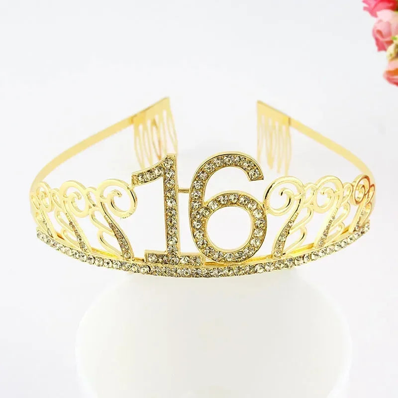 Rose Gold Satin Sash & Crystal Crown Tiara Set – Birthday Party Party Sash & Tiara Set Babs gold crown 16