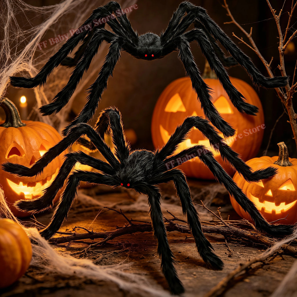 Giant Black Plush Spider Halloween Decor – Poseable Red Eyes Halloween Spider Prop Babs
