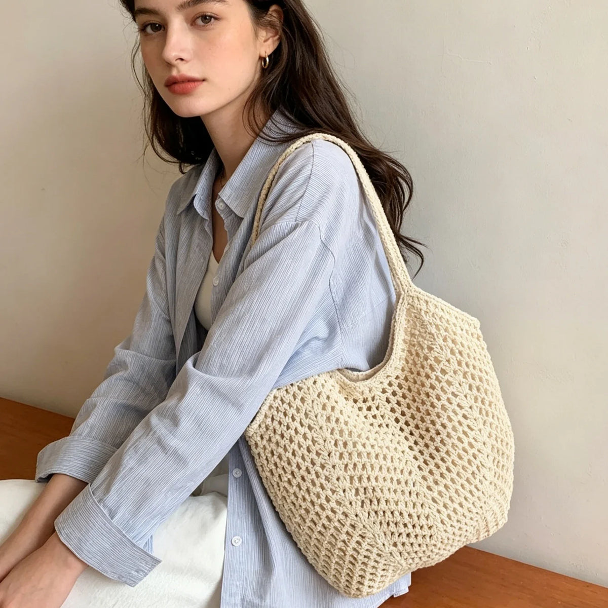 Women's Mesh Straw Beach Tote Bag – Summer Holiday Market Beach Tote Bag Babs