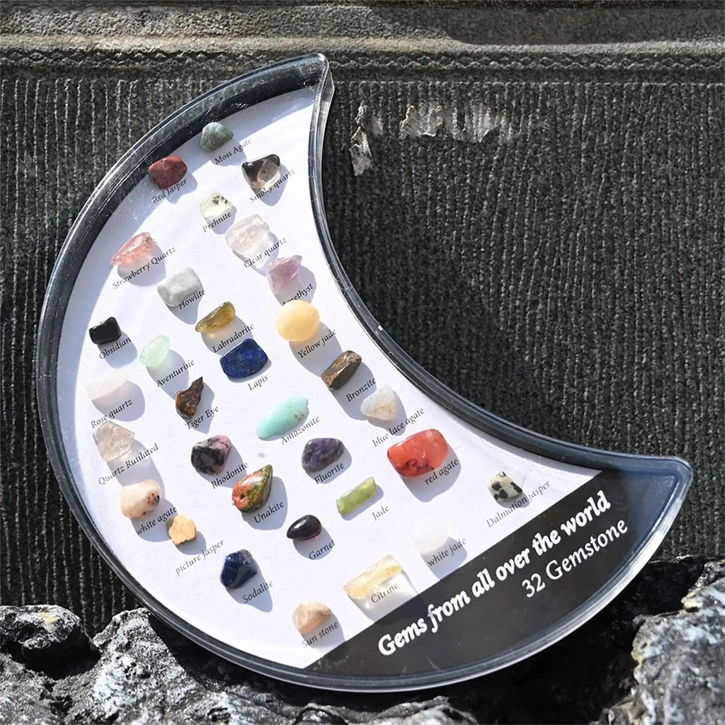 32-Piece Crystal Rock & Mineral Specimen Collection Display Box Crystal Specimen Set Babs
