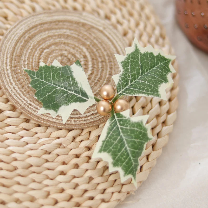 10PCS Artificial Christmas Holly Berry Leaves – DIY Wreath Decor Artificial Holly Decor Babs Gold