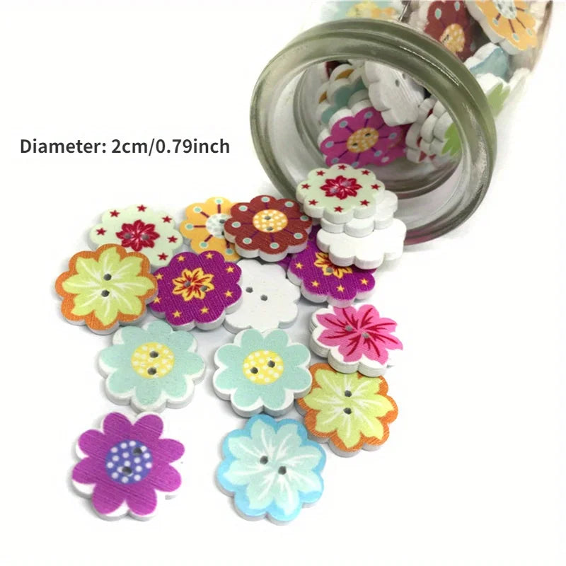 100pcs Painted Flower Wood Buttons – Mixed Colors for Crafts Wooden Craft Buttons Babs
