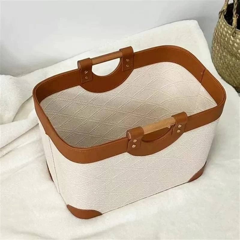 Large Leather Storage Basket with Wood Handle – Retro Organizer Leather Storage Basket Babs
