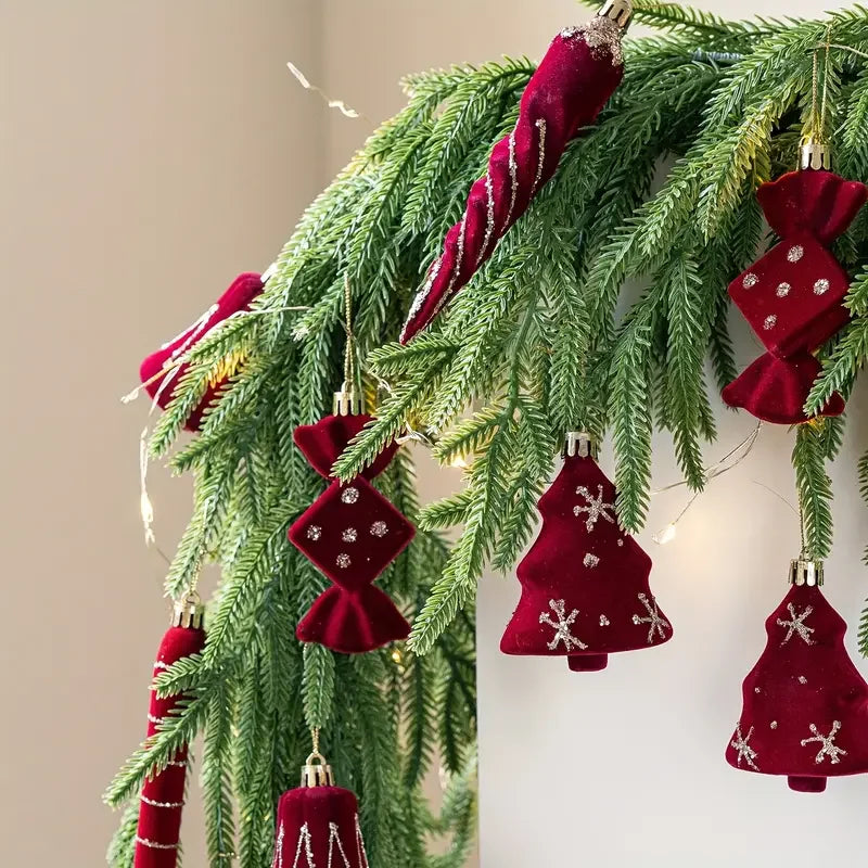 2pcs Velvet Christmas Ornaments – Burgundy Red Bell Candy Cane Christmas Tree Ornaments Babs