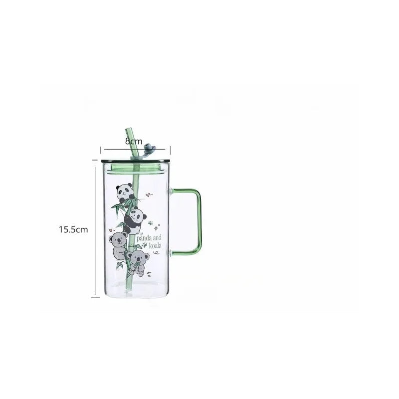 Square Glass Water Cup Cartoon Panda Straw Lid Large Capacity Glass Drinkware Cup Babs
