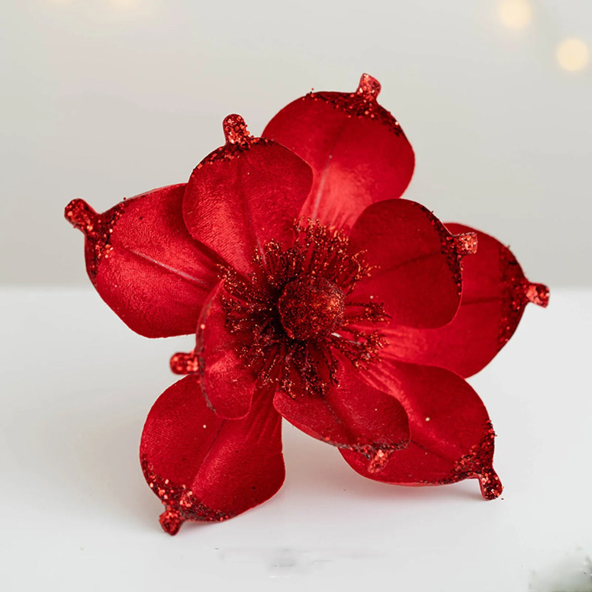 20cm Pink Glitter Magnolia Christmas Flower Pick | Xmas Tree Decor Christmas Flower Pick Babs Red One Size