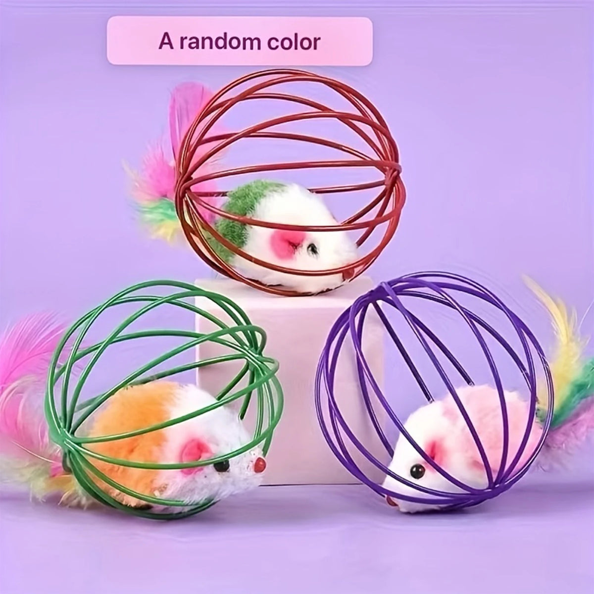 Interactive Cat Wire Cage Mouse Toy with Feather & Jingle Bell Interactive Cat Toy Babs