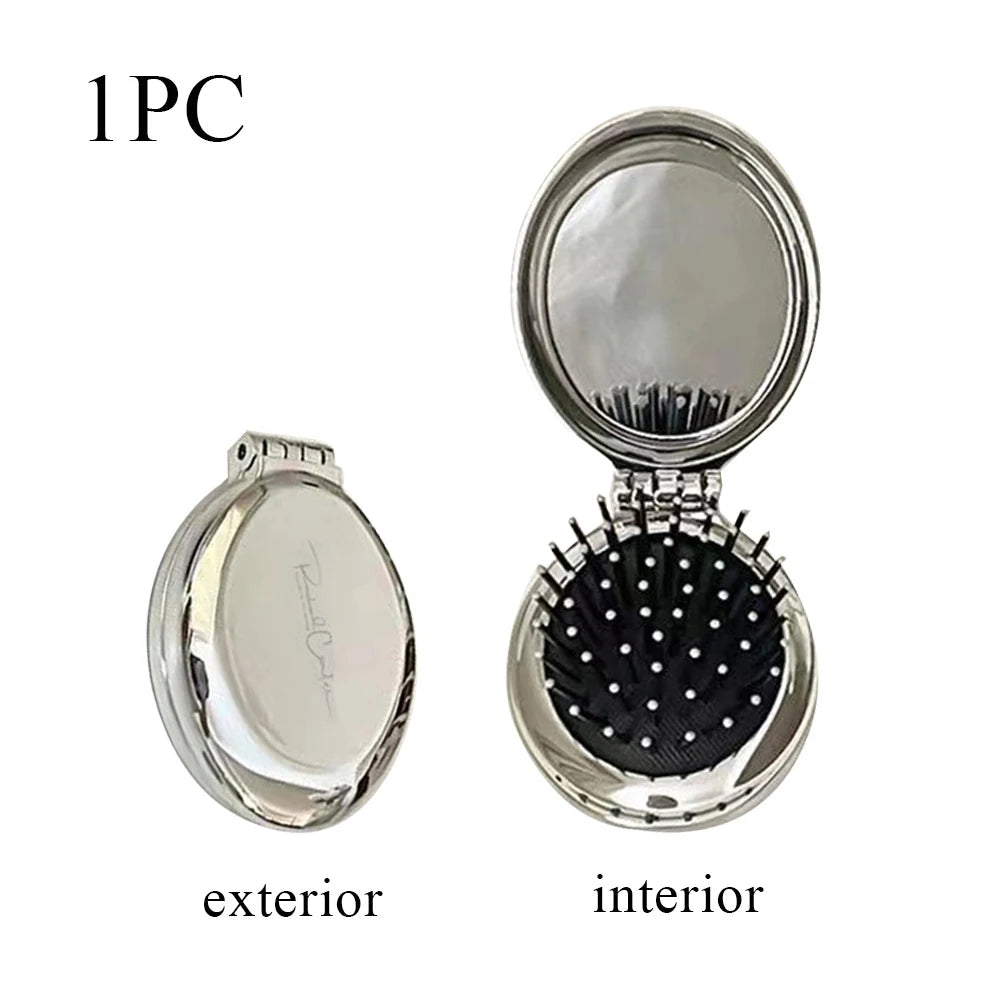 Folding Pocket Mirror & Comb – Compact Travel Hair Brush for Women Folding Mirror Comb Babs Silver
