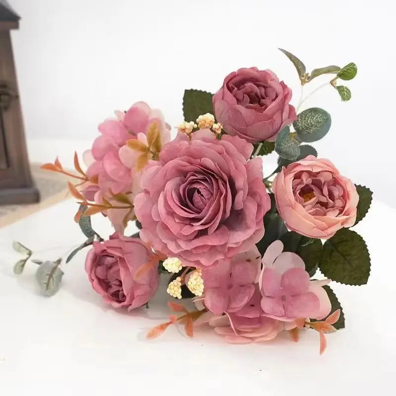Silk Rose Peony Hydrangea Bouquet – Wedding & Home Decor Artificial Flower Bouquet Babs color 6 1pc