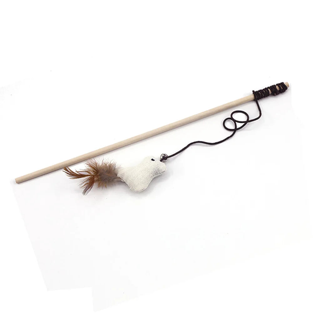 Cat Teaser Wand Toy – Feather, Bell & Linen Mouse Interactive Cat Teaser Wand Babs C