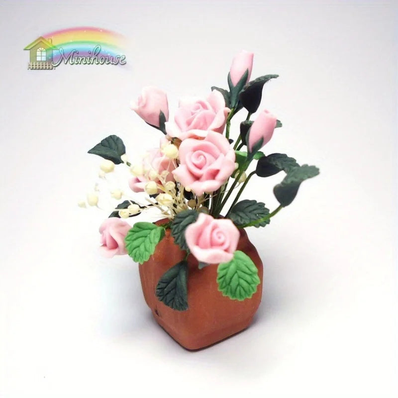 1/12 Mini Clay Rose Potted Plant – Dollhouse Miniature Décor Dollhouse Miniature Babs