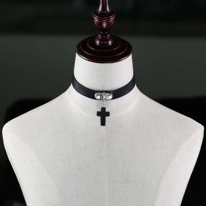 Black Cross Gothic Choker Necklace – PU Leather Punk Style Gothic Choker Necklace Babs