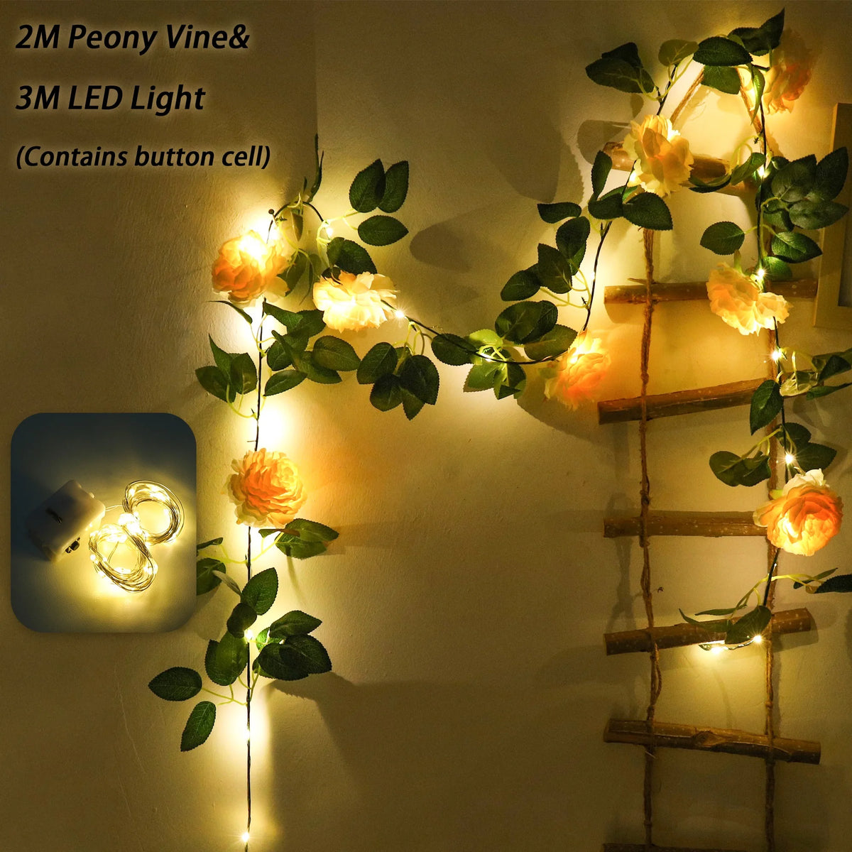 Peony Vine LED Wreath – Silk Artificial Flower Wall & Wedding Décor Artificial Flower Garland Babs Champagne 1PC