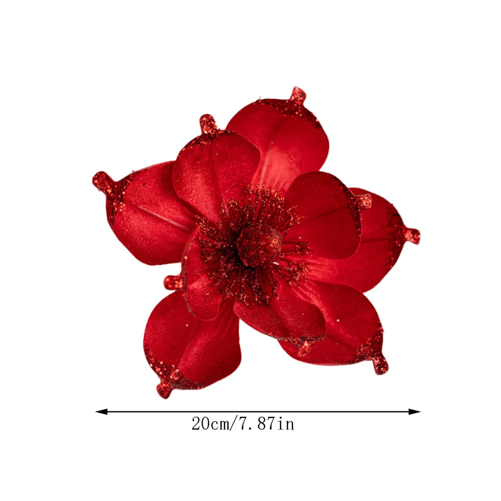 20cm Pink Glitter Magnolia Christmas Flower Pick | Xmas Tree Decor Christmas Flower Pick Babs