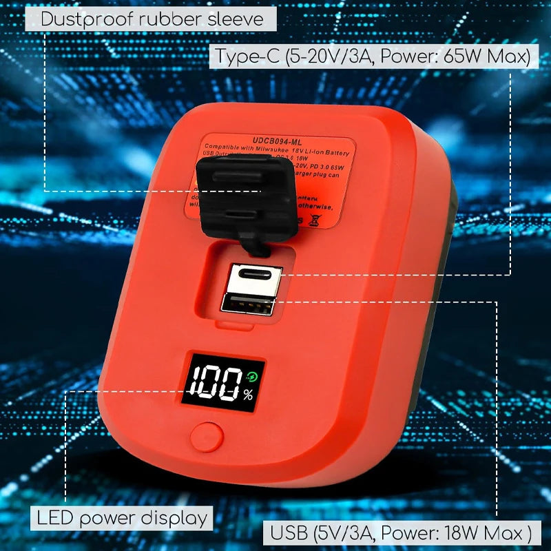 65W USB-C Charger Adapter for Milwaukee 18V M18 Batteries Battery Charger Adapter Babs