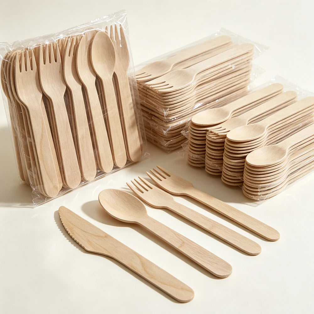 Disposable Wooden Cutlery Set 60/120/360 Pcs – Knife Fork Spoon Disposable Cutlery Set Babs